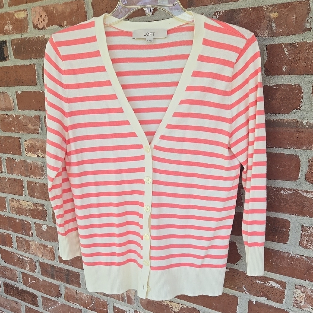 LOFT Pink and Cream Striped Cardigan Sweater